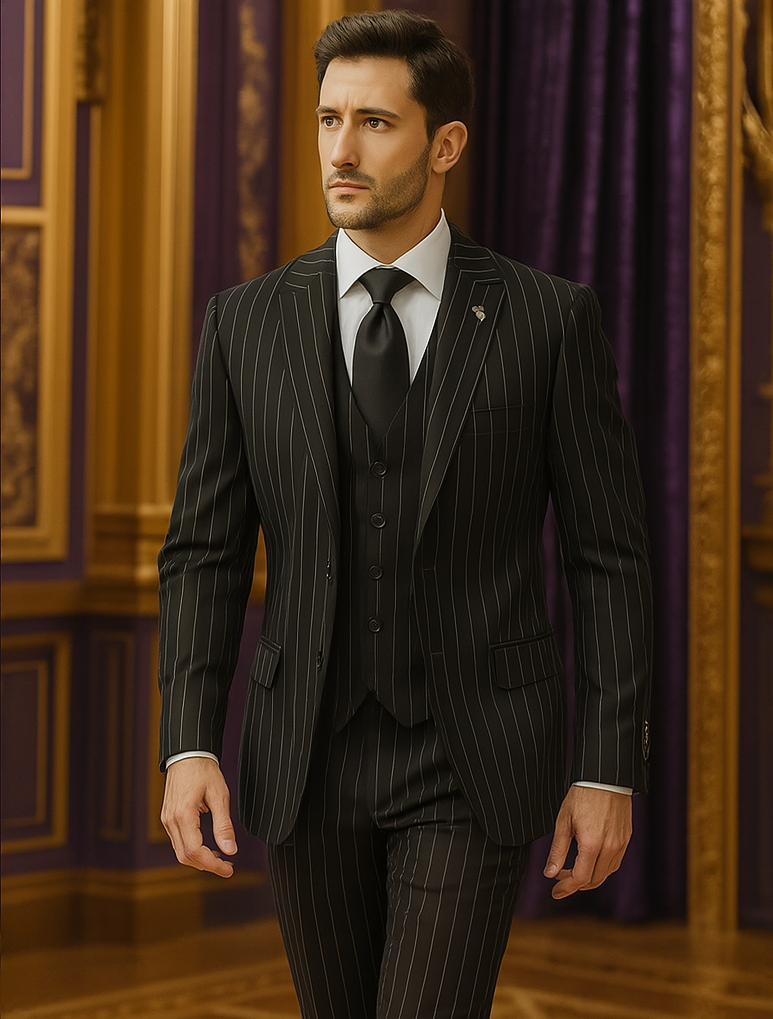 Men’s Black Pinstripe Three Piece Suit With Jacket Vest And Trousers