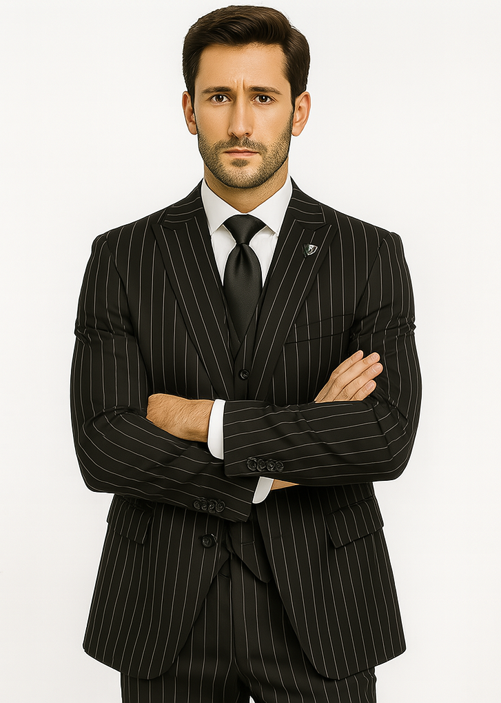 Men’s Black Pinstripe Three Piece Suit With Jacket Vest And Trousers