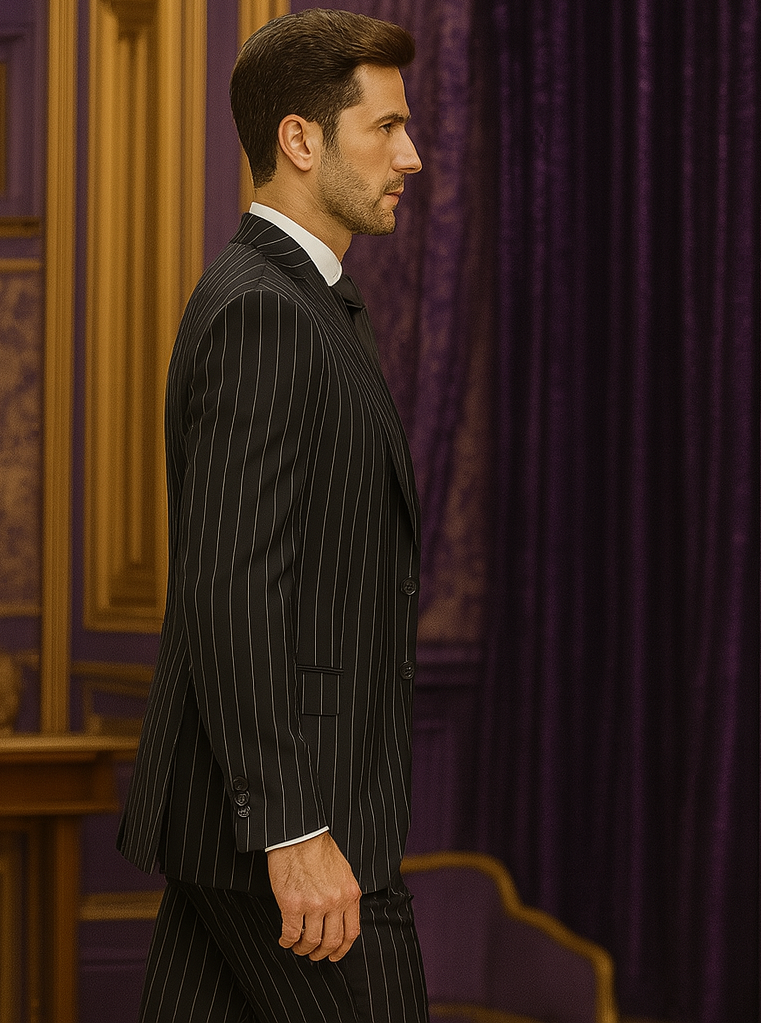 Men’s Black Pinstripe Three Piece Suit With Jacket Vest And Trousers