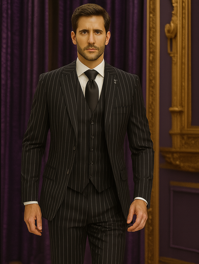 Men’s Black Pinstripe Three Piece Suit With Jacket Vest And Trousers
