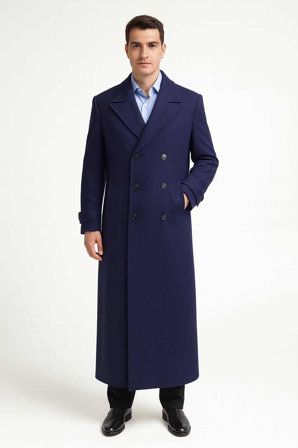 Men’s Navy Long Length Coat With Button Front Notched Collar