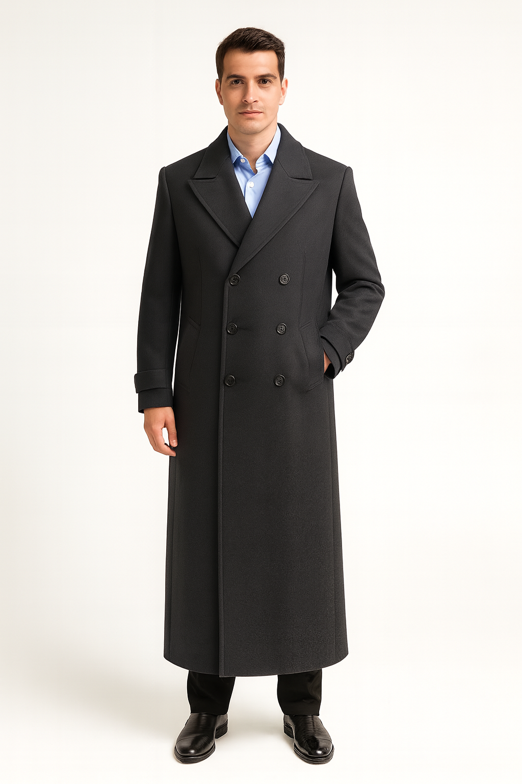 Men’s Navy Long Length Coat With Button Front Notched Collar