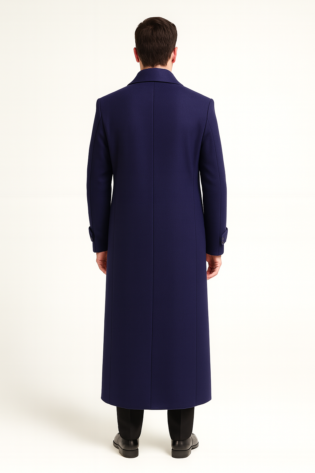 Men’s Navy Long Length Coat With Button Front Notched Collar