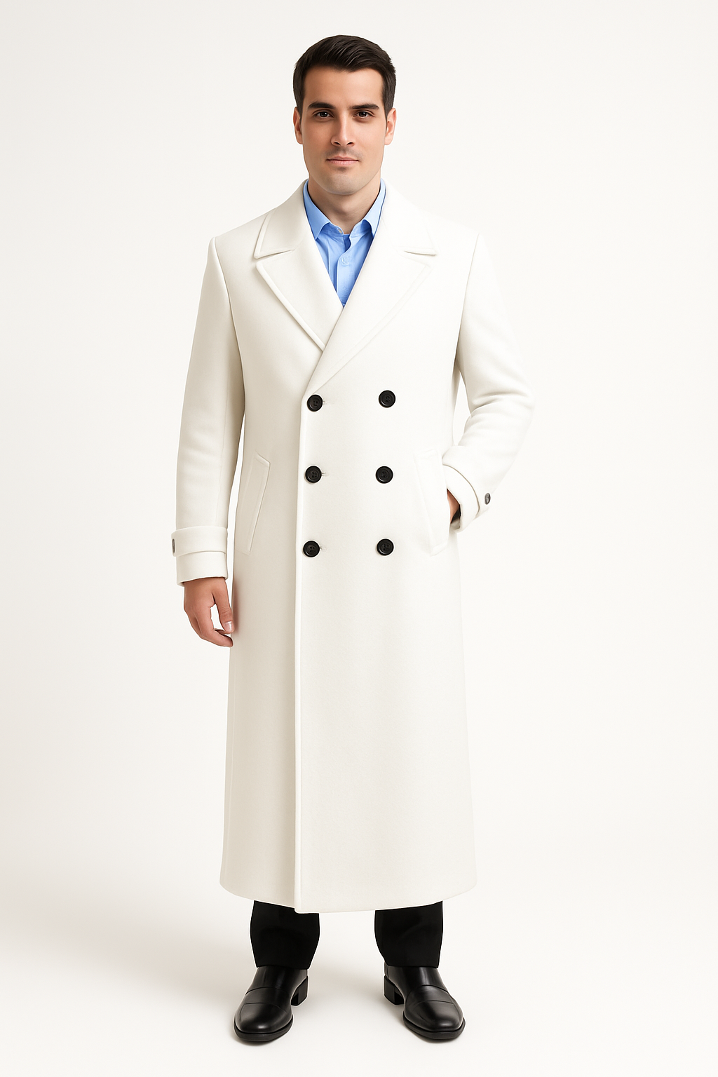 Men’s Navy Long Length Coat With Button Front Notched Collar