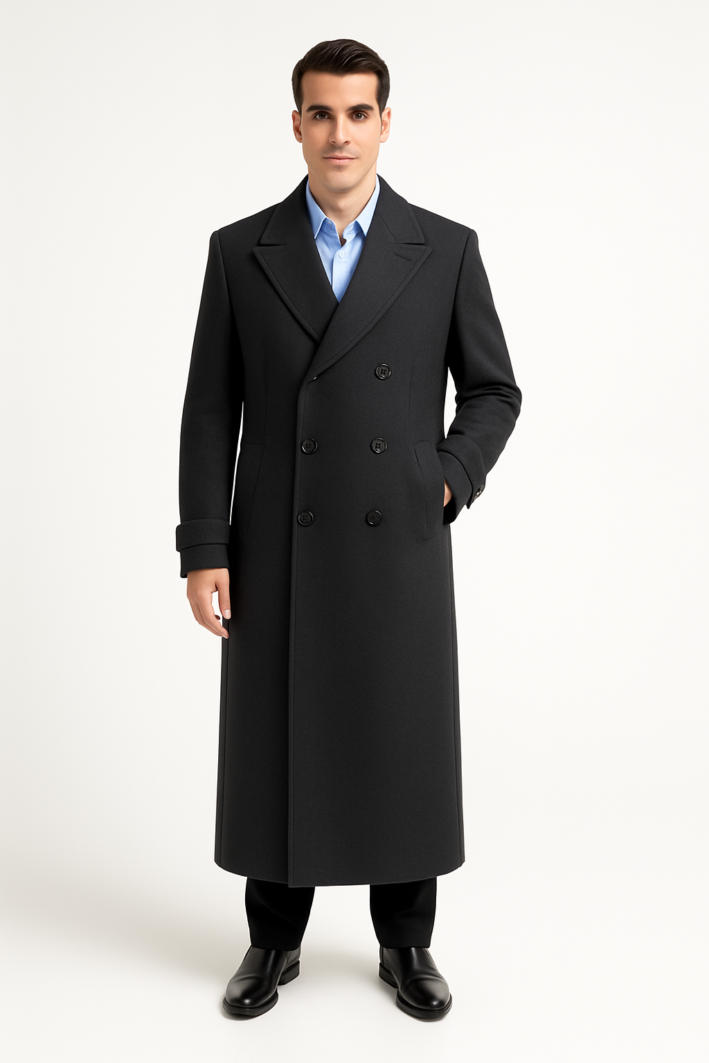 Men’s Navy Long Length Coat With Button Front Notched Collar