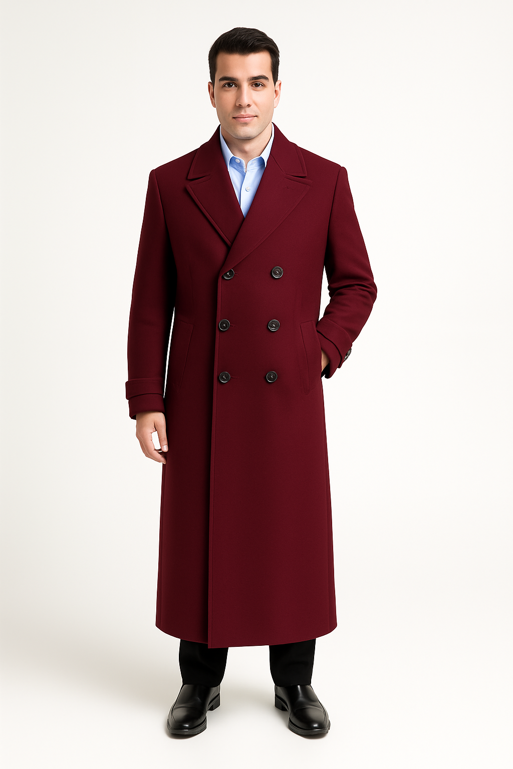 Men’s Navy Long Length Coat With Button Front Notched Collar