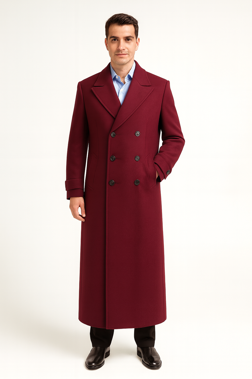 Men’s Navy Long Length Coat With Button Front Notched Collar