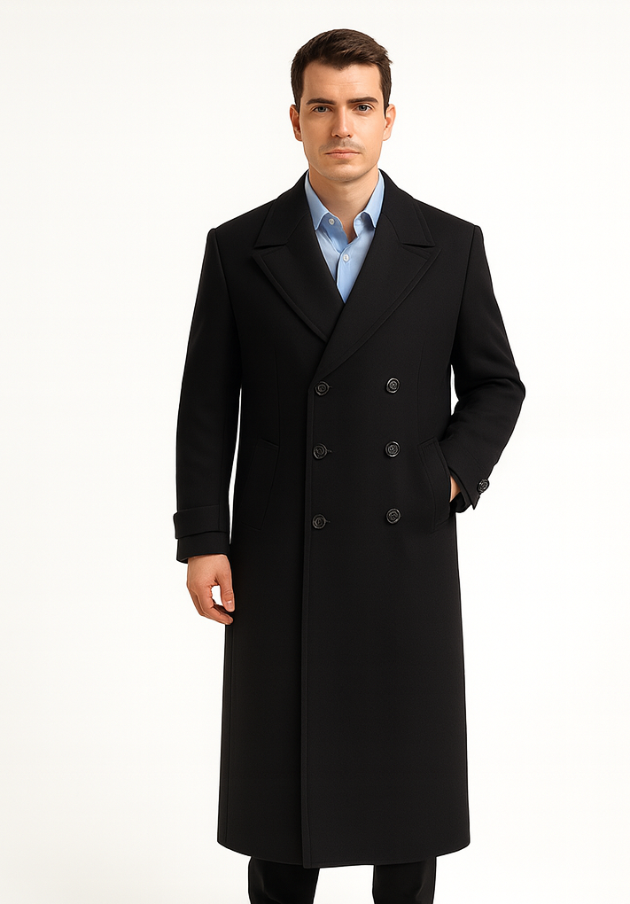 Men’s Navy Long Length Coat With Button Front Notched Collar