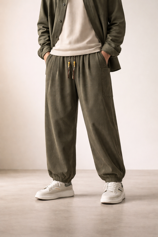 Men’s Home Wide Leg Pants with Drawstring Waist and Cuffed Leg