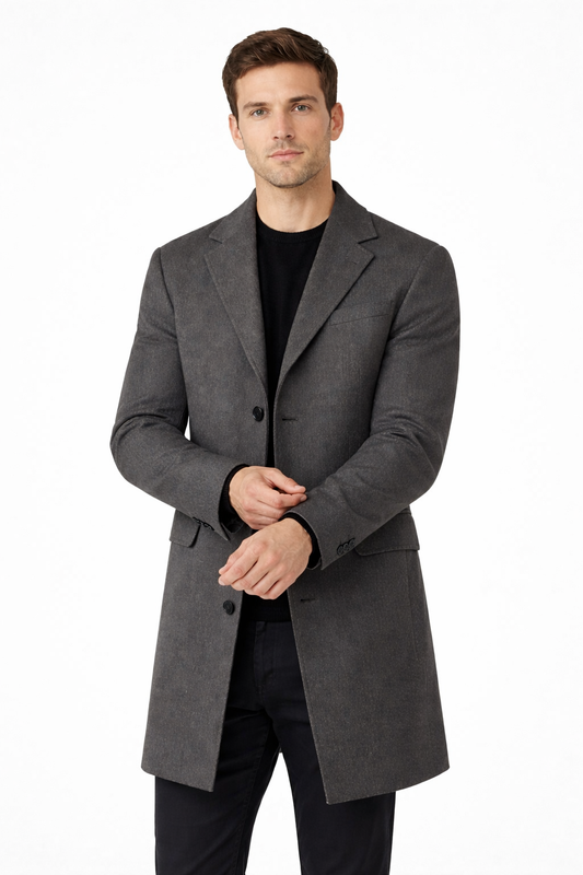 Men’s Structured Long Coat with Button Front Notched Collar with Clean Panel Design