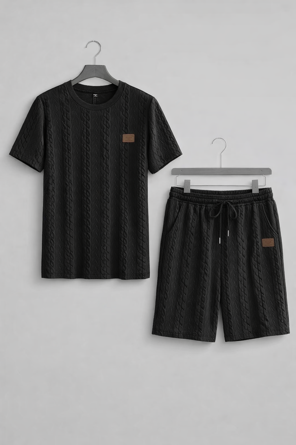 Cable Knit Textured T-Shirt and Drawstring Shorts Set