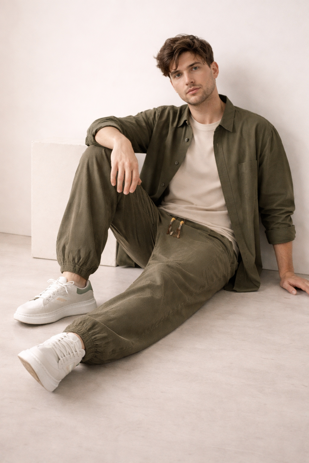 Men’s Home Wide Leg Pants with Drawstring Waist and Cuffed Leg