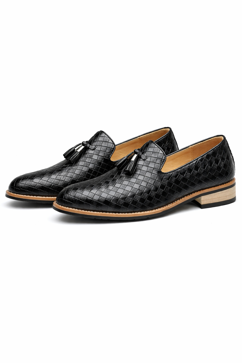Woven Grid Tassel Slip-On Loafers