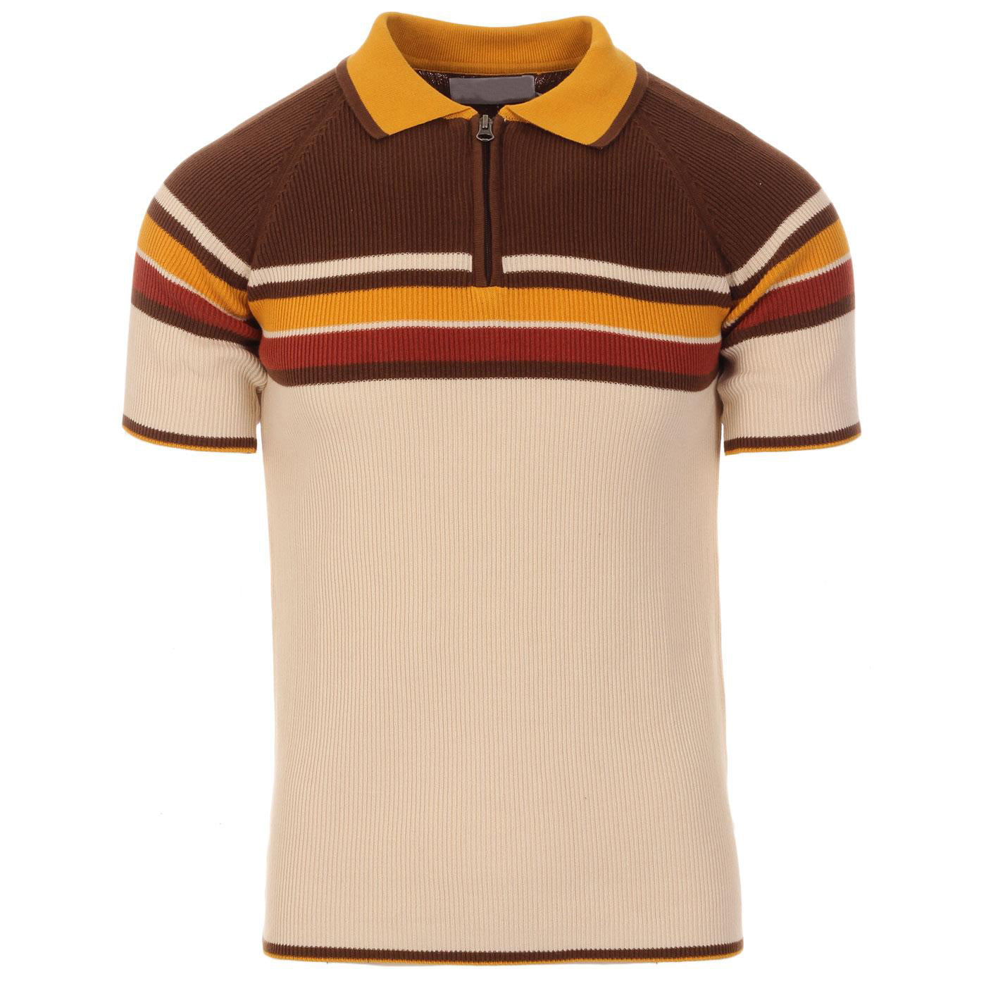 Men’s Cream Knit Short Sleeve Polo Shirt With Horizontal Stripe Pattern And Zip Collar