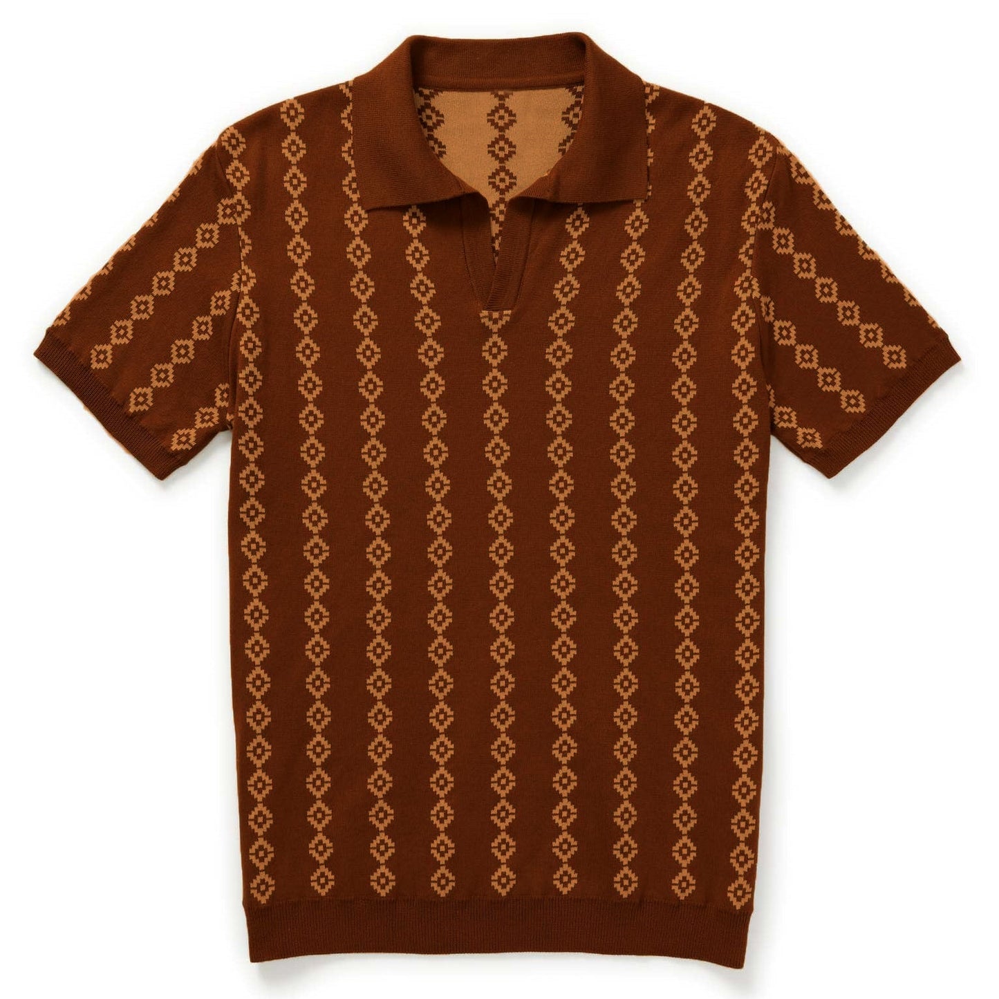 Men’s Brown Knit Short Sleeve Polo Shirt With Geometric Pattern