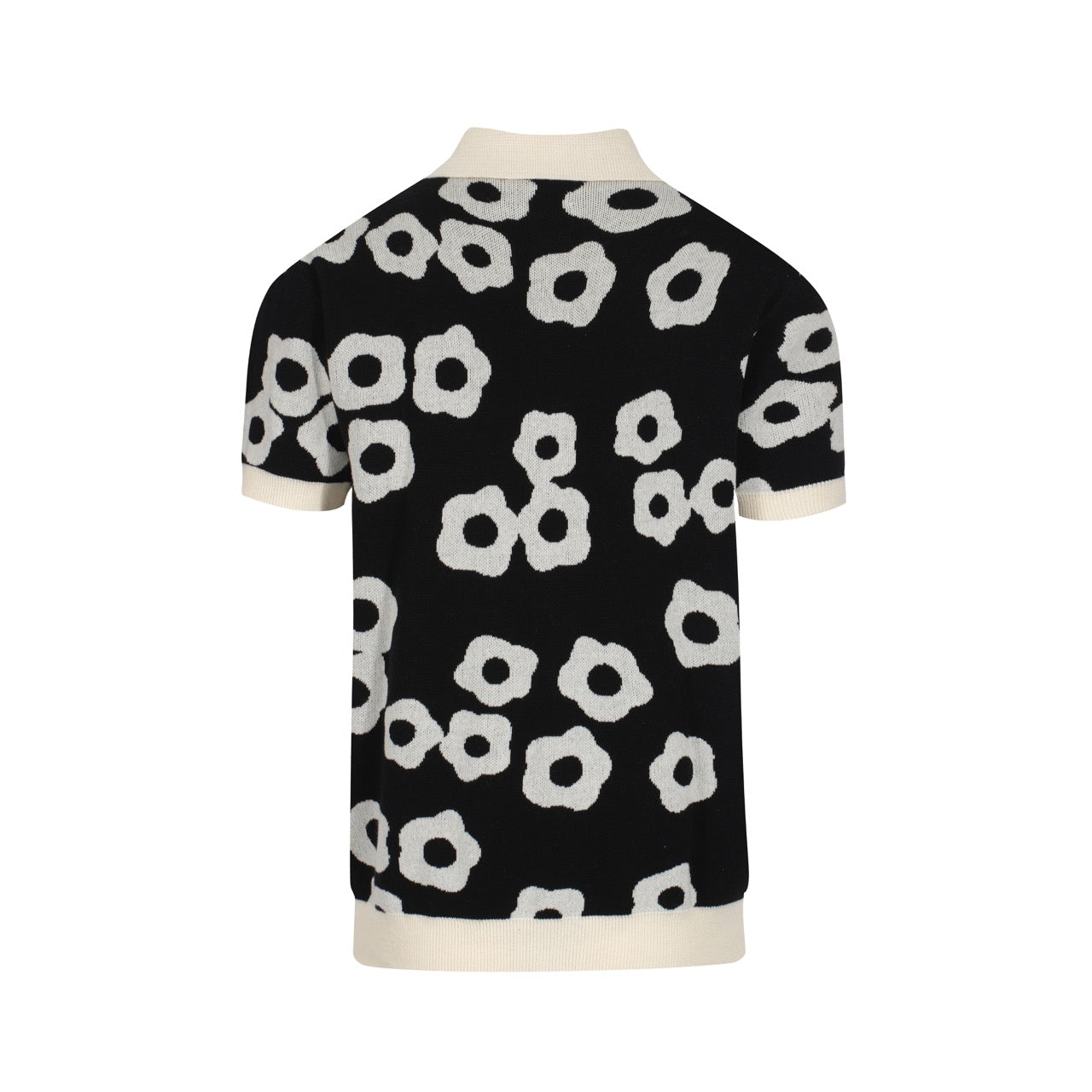 Men’s Black Knit Short Sleeve Polo Shirt With Abstract Floral Pattern
