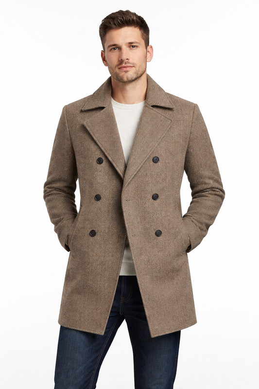 Men’s Wool Herringbone City Coat with Notched Collar