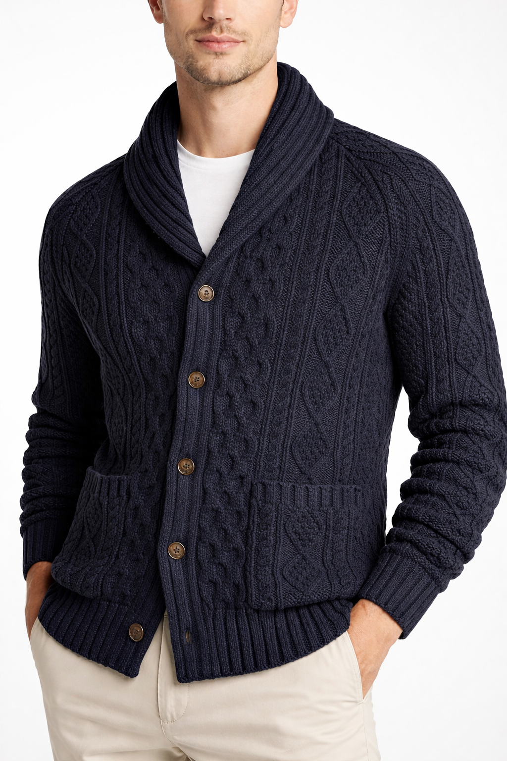 Men’s Cable Knit Cardigan Sweater with Shawl Collar Button Front