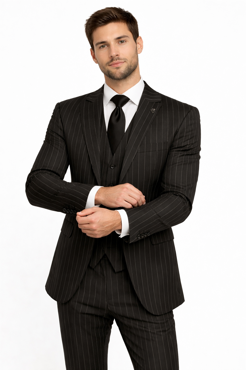 Men’s Black Pinstripe Three Piece Suit With Jacket Vest And Trousers