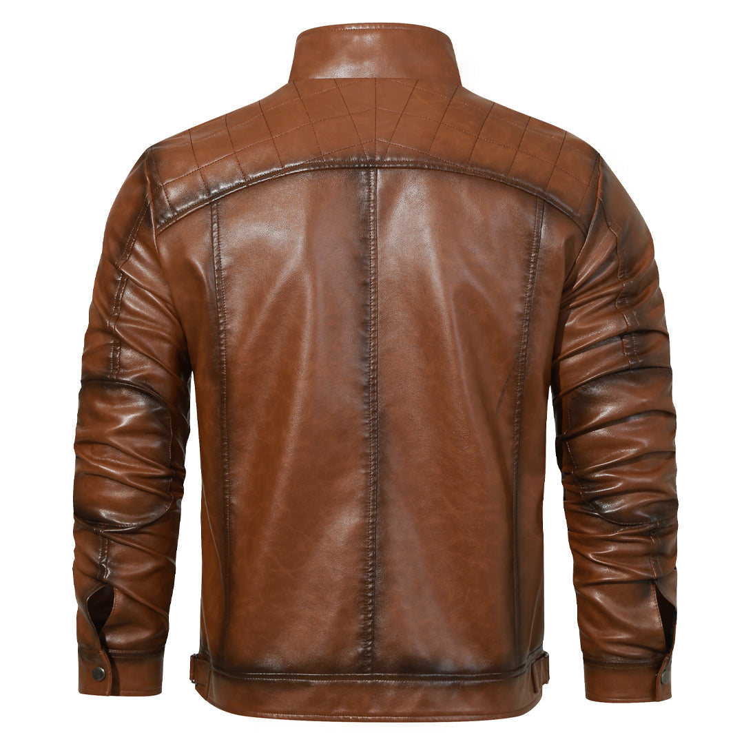 Men’s Brown Coated Textile Zip Jacket with Structured Seam Detailing High Collar