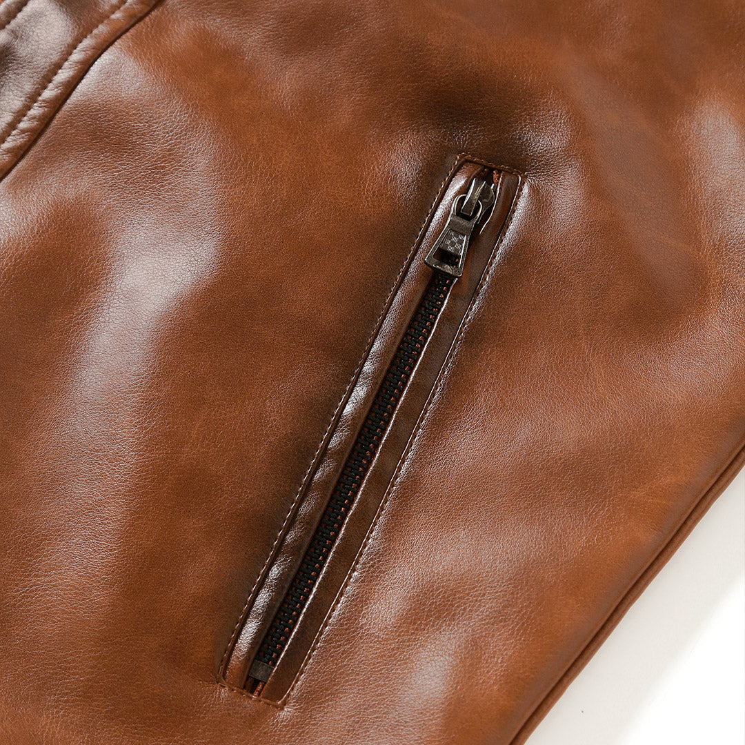 Men’s Brown Coated Textile Zip Jacket with Structured Seam Detailing High Collar