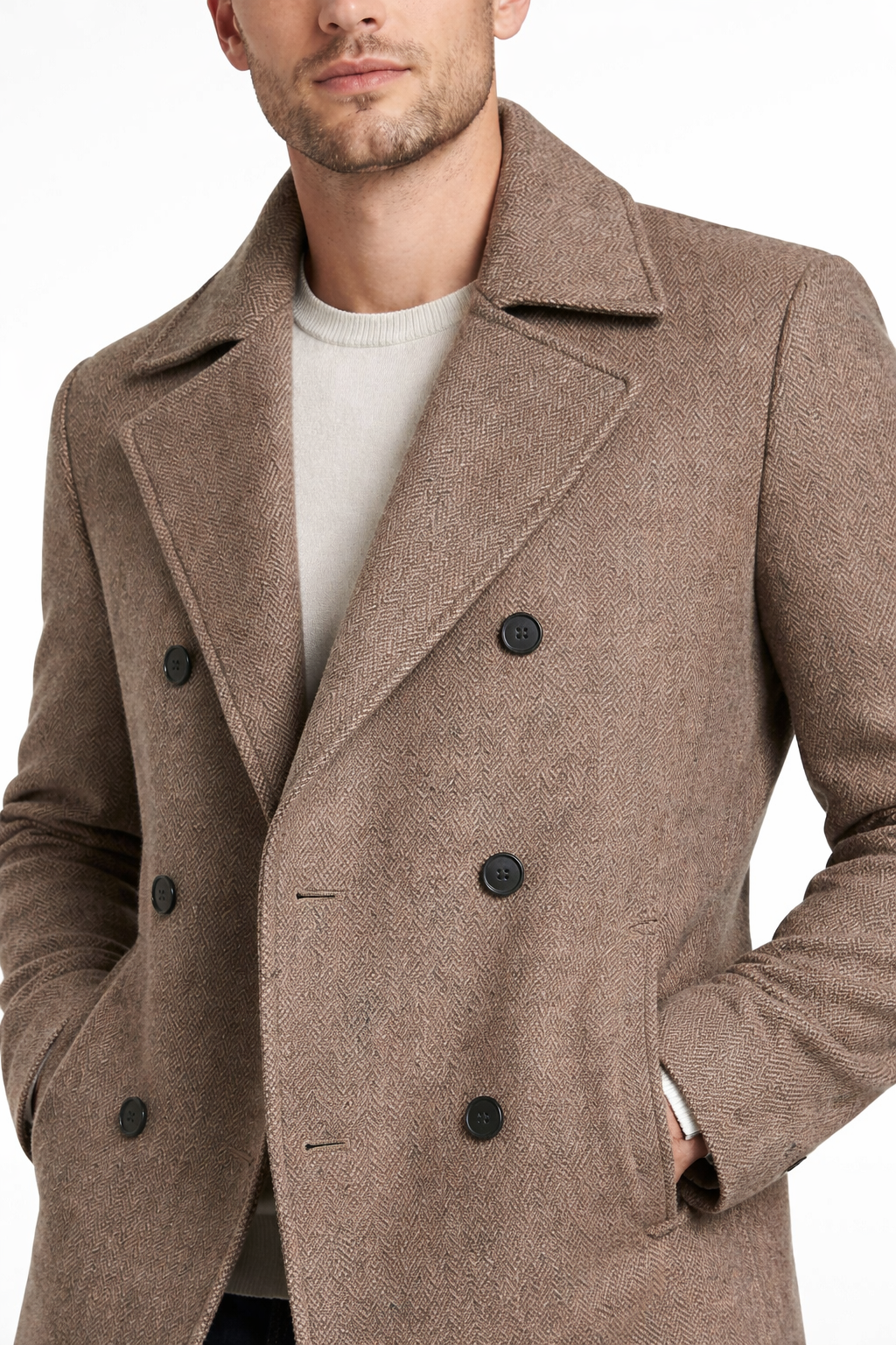 Men’s Wool Herringbone City Coat with Notched Collar