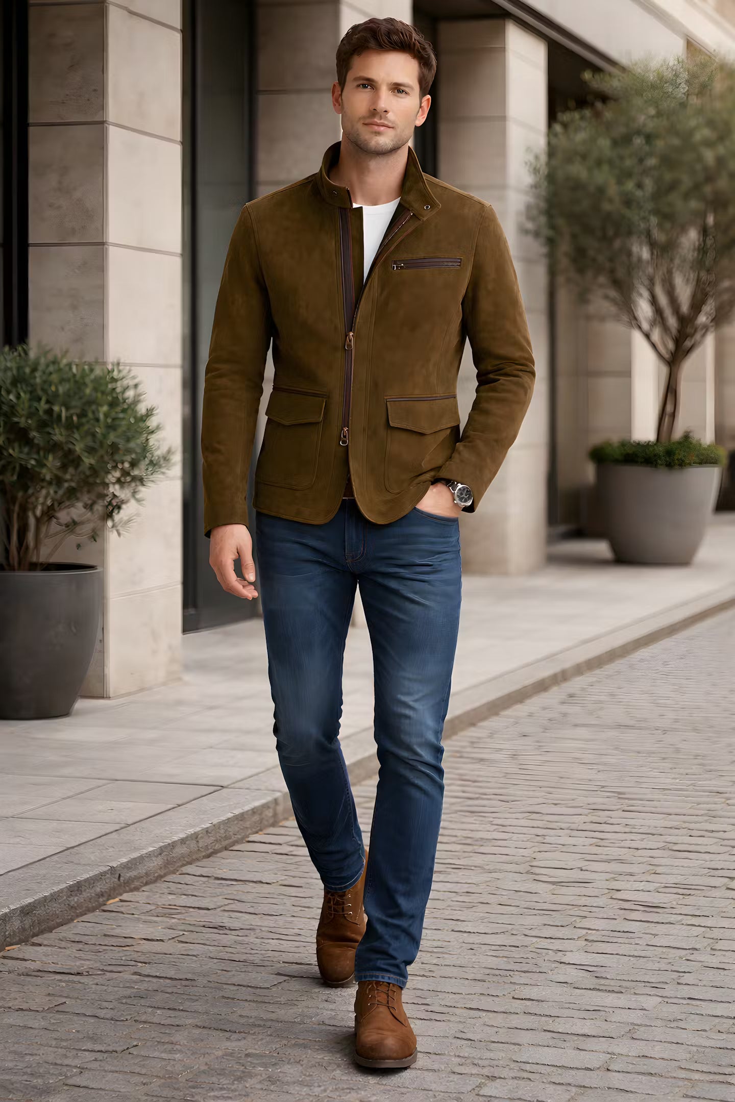 Suede Stand Collar Utility Jacket