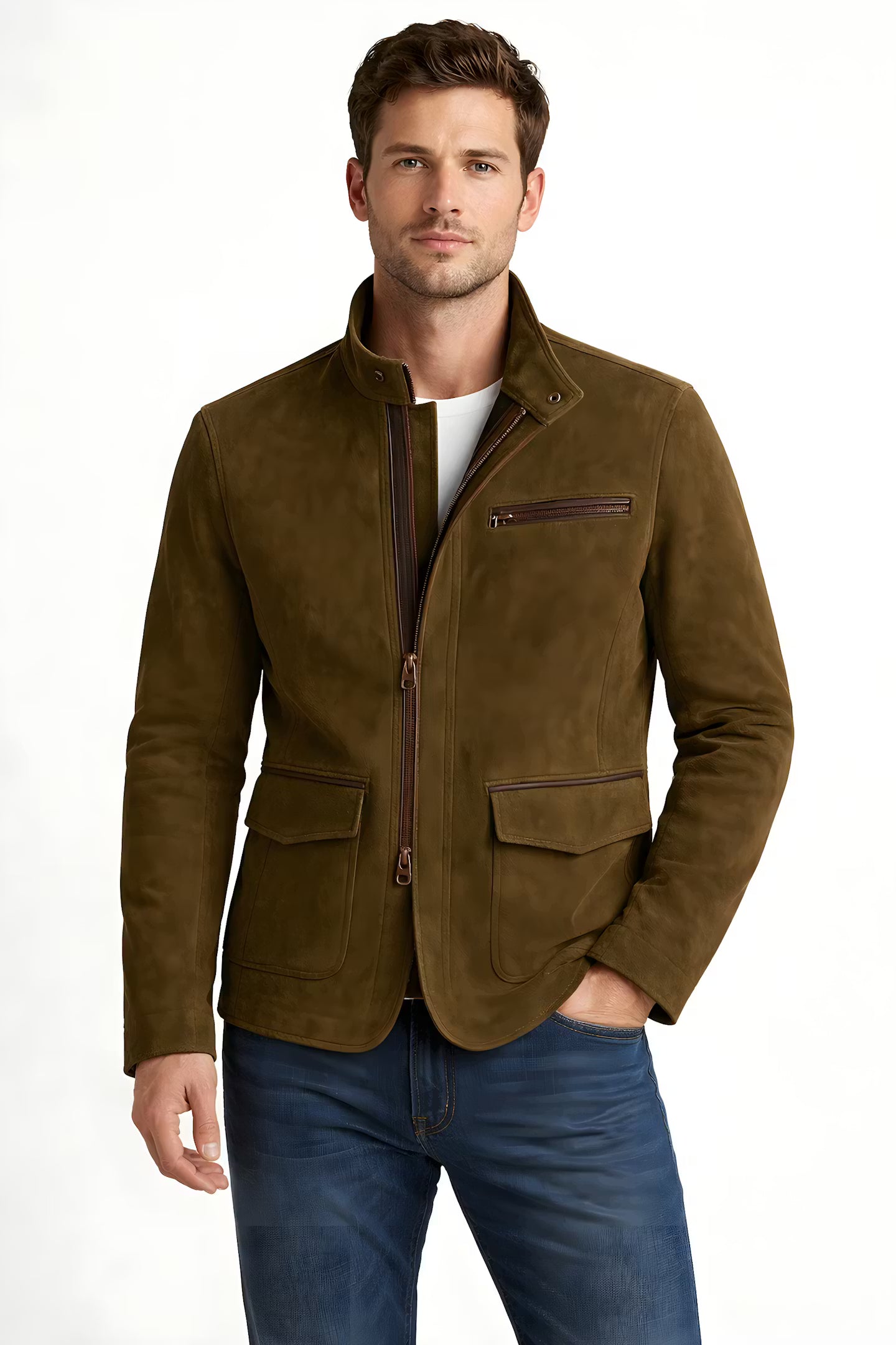 Suede Stand Collar Utility Jacket