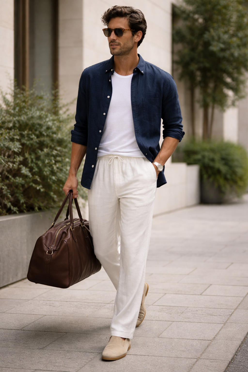 Men’s Linen Home Lounge Pants with Elastic Waist and Straight Leg