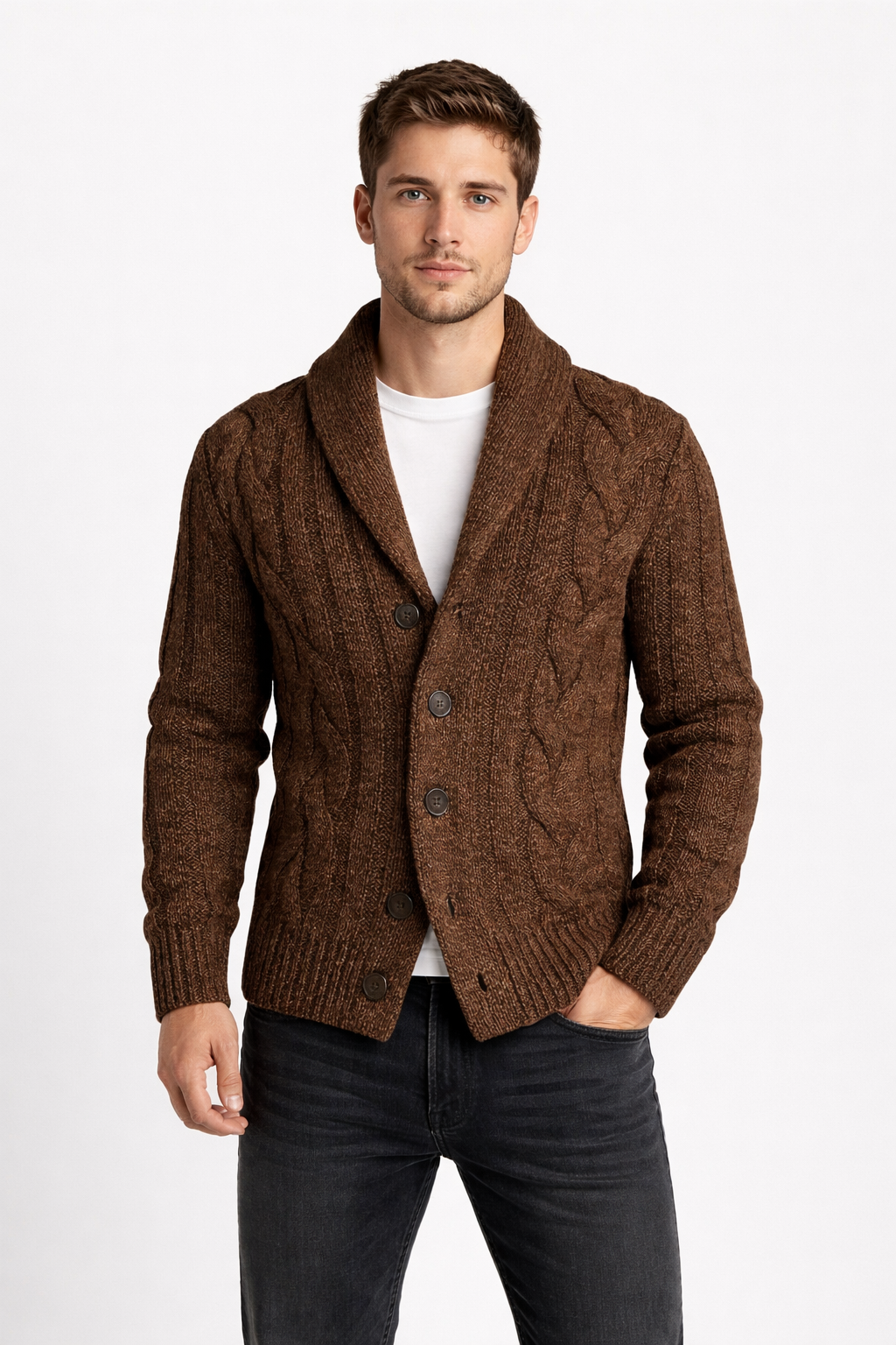 Men’s Shawl Collar Cable Knit Cardigan