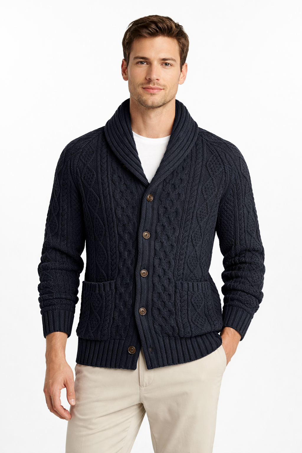 Men’s Cable Knit Cardigan Sweater with Shawl Collar Button Front