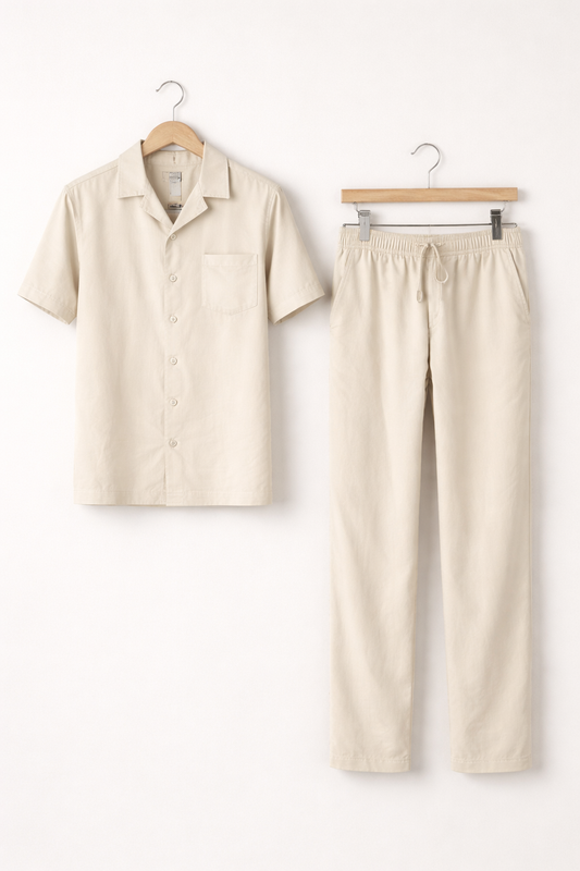 Textured Woven Short Sleeve Shirt and Wide Leg Trousers Set