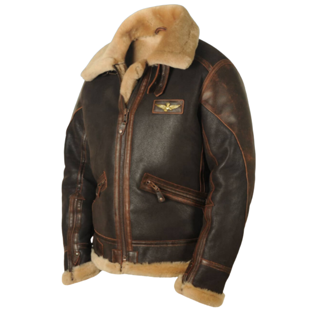 Men’s Dark Coated Textile Aviator Jacket with Shearling Style Collar