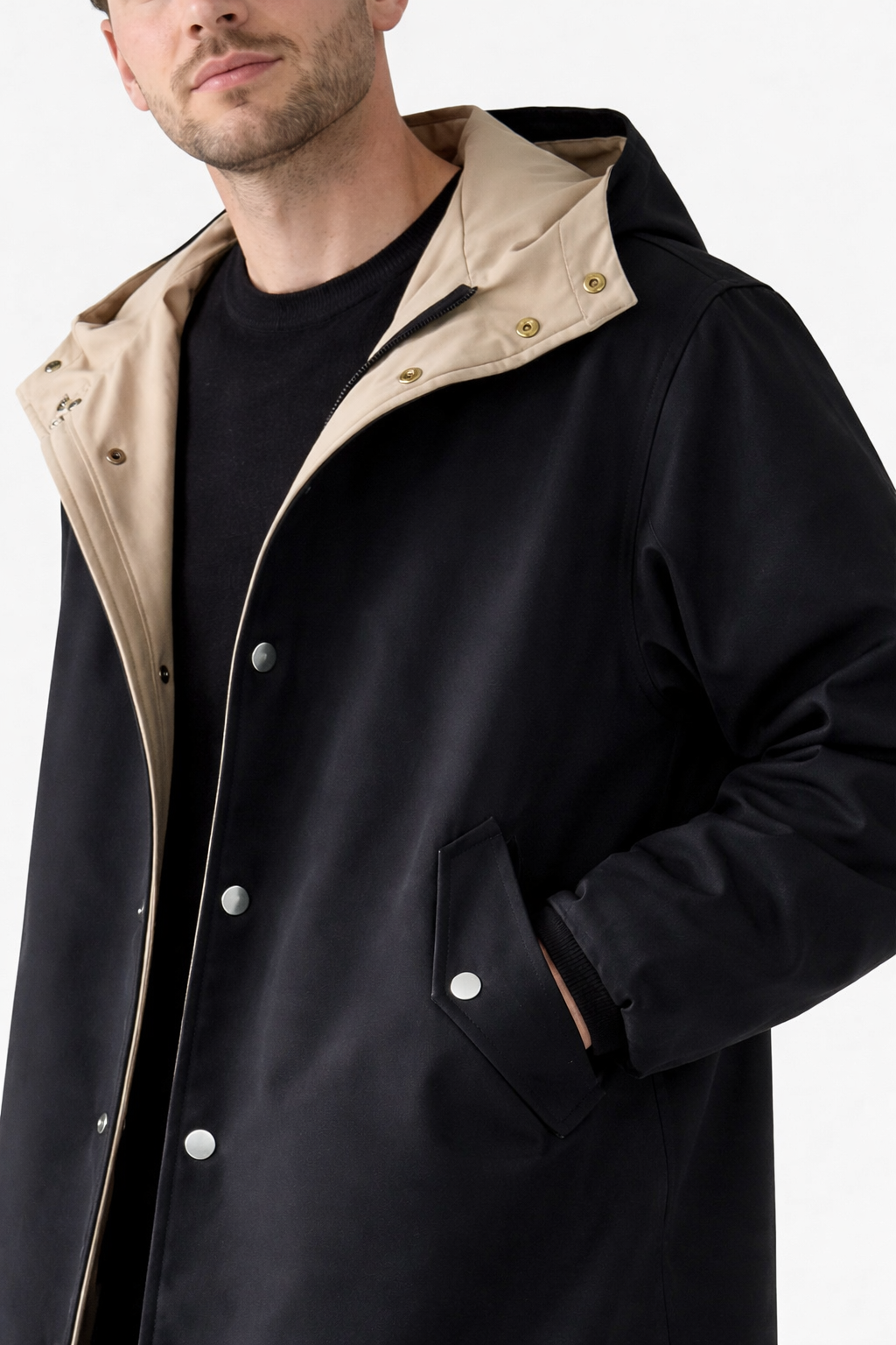 Men’s Long Hooded Coat with Button Front Clean Panel Design