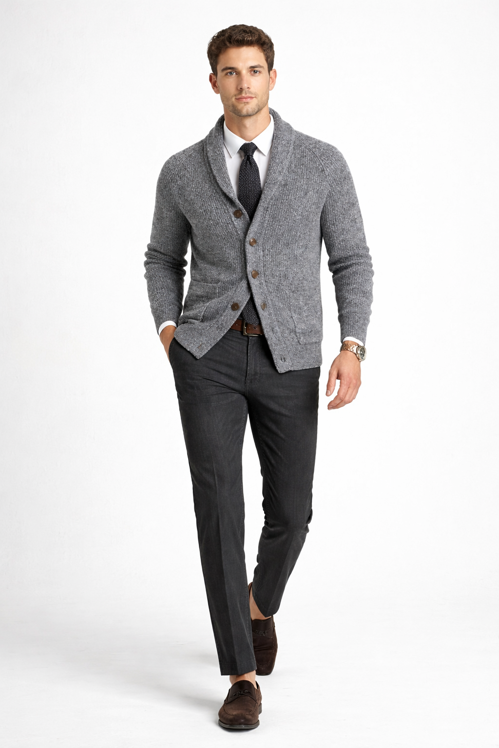 Men’s Knit Cardigan Sweater with Shawl Collar